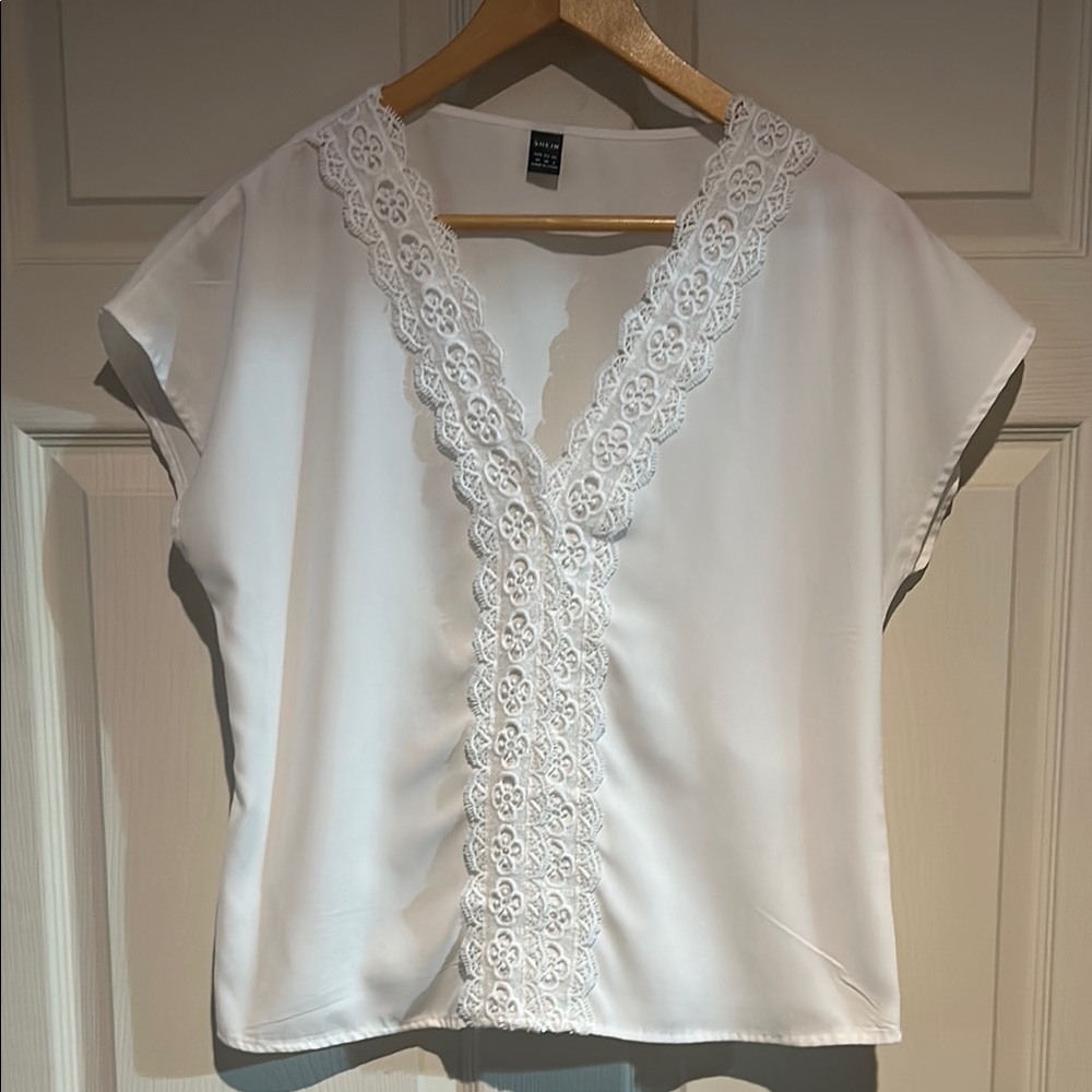 SHEIN White Lace Cap Sleeve Blouse